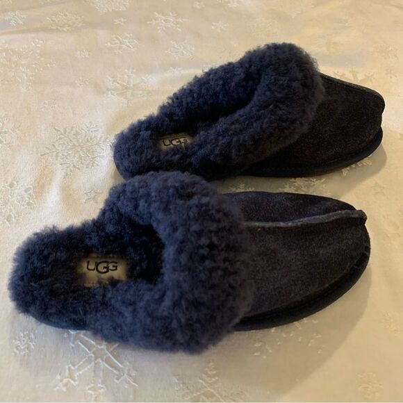 UGG Scuffette Slippers Mules Dark Blue Shearling fluffy toe box 1106872 Sz 6 - Picture 2 of 6